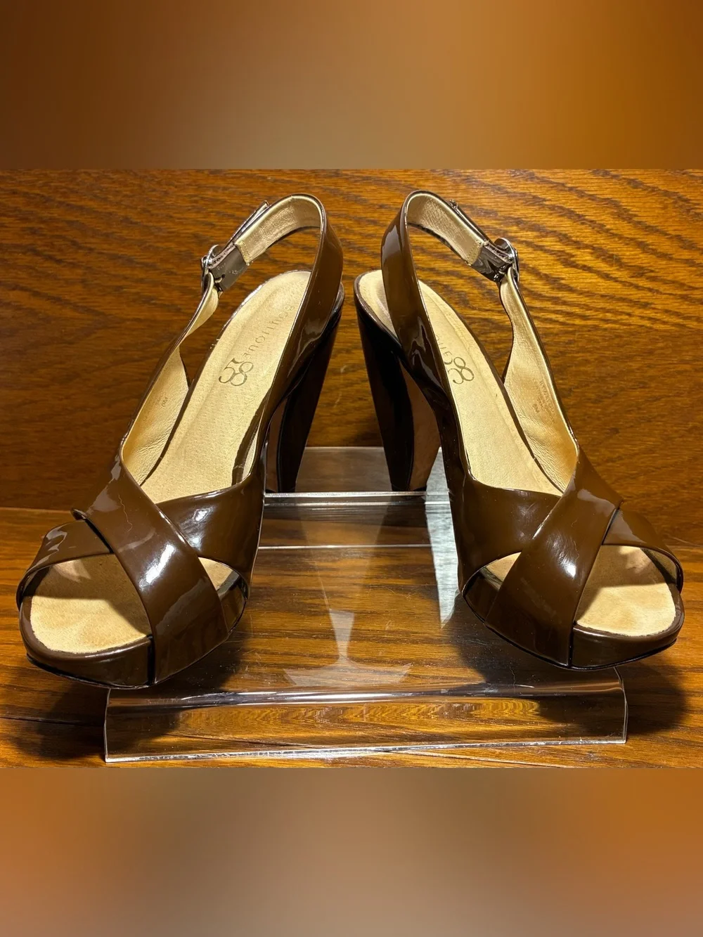 Boutique 58 Retro Slingback Platform Block Heels Brown Patent Size 8